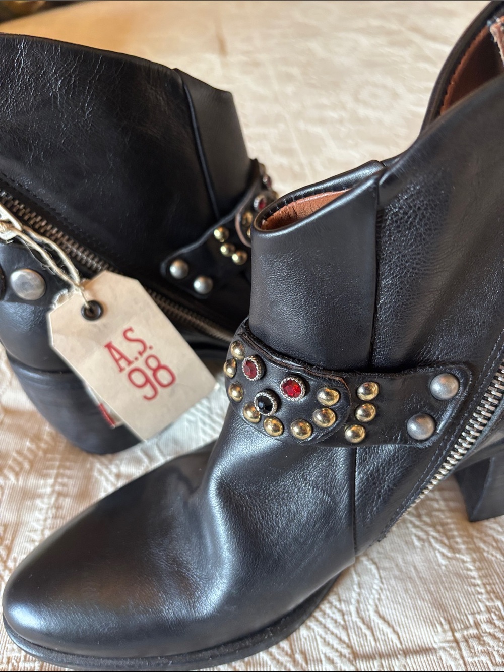 NWT! A.S.98 RORY BLACK Harness Studded Western ANKLE BOOTIES EU 39 / US 8 1/2